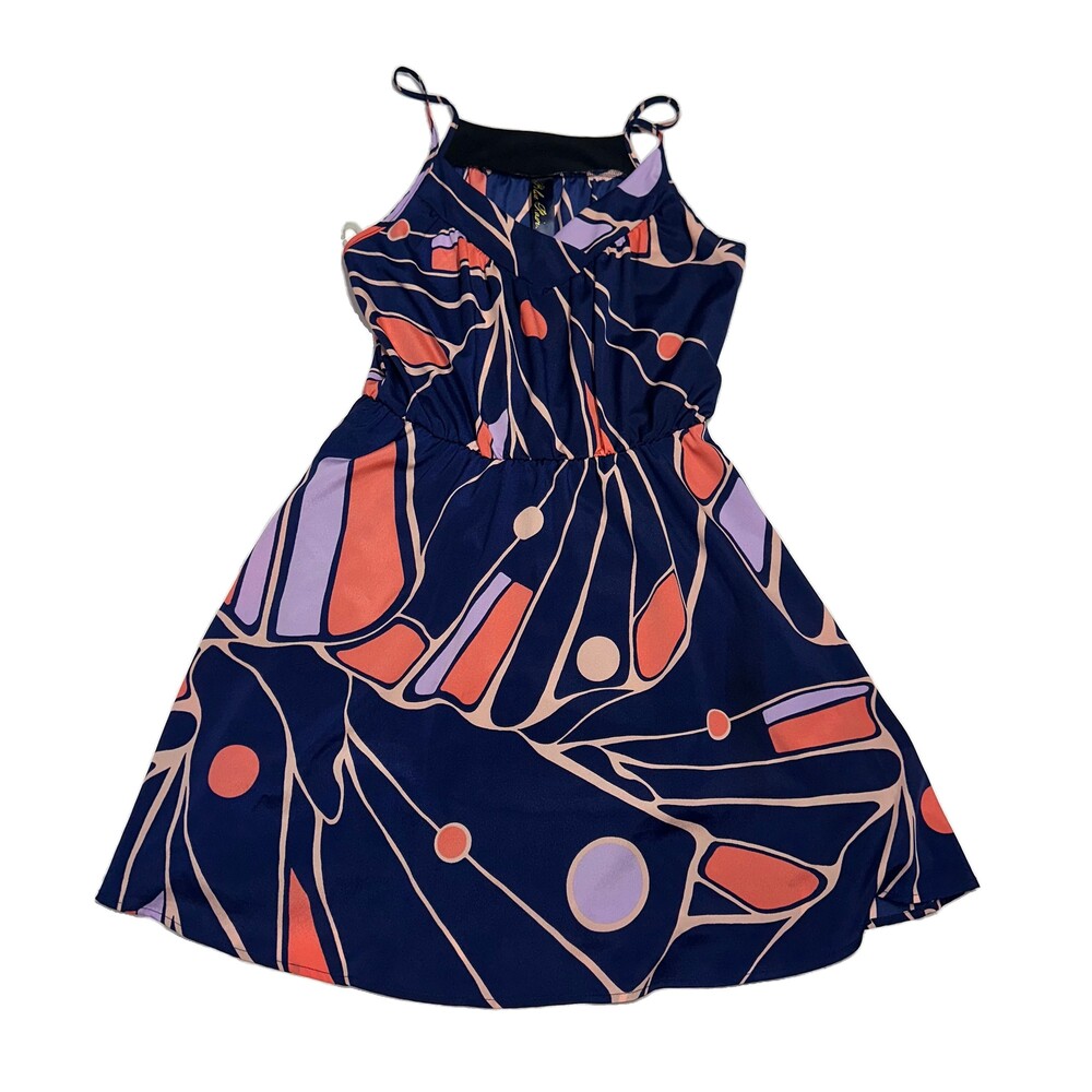 Blue Rain Abstract Print Midi Dress Women’s Small Navy Coral Purple Spaghetti St